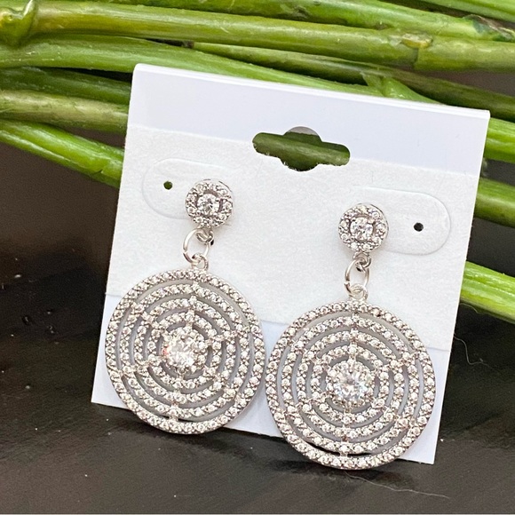 Silver-tone CZ Cubic Zirconia Round Swirl Web Pave Drop Earrings - Picture 4 of 13